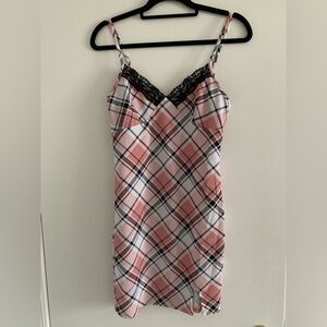 Plaid Pink and Black Lace Trim Slip Dress